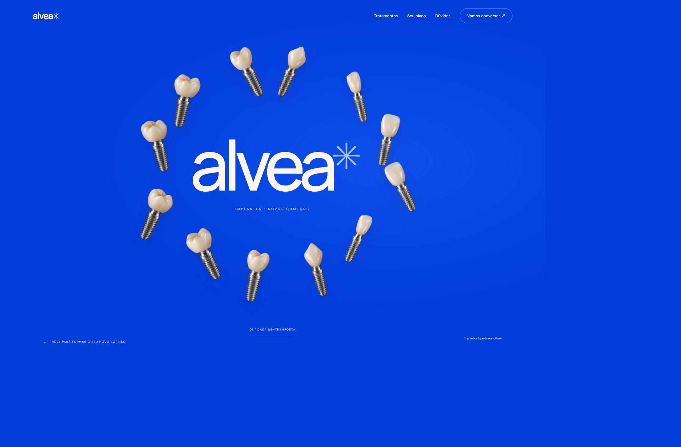 Landing page Alvea Implantes com coroas e implantes sobre fundo azul